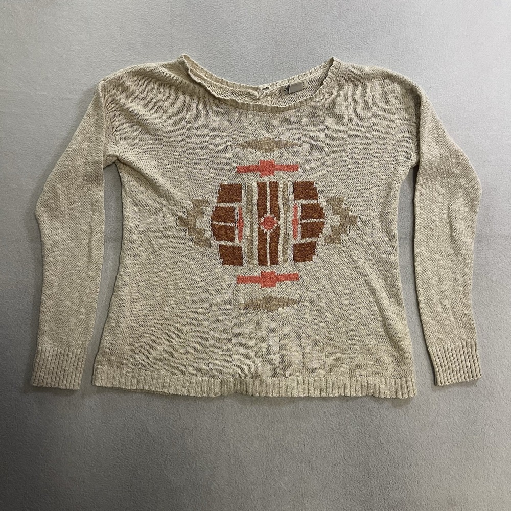 Lucky Brand Sweater Women's Size Small Linen Blend Beige Aztec Southwestern